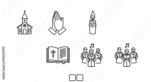 Outline icon set representing faith-based gatherings and symbols, including a church silhouette, praying hands, a lit candle, an open scripture book with a cross, and a choir singing, presented in a