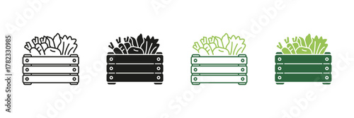 Wooden Crate With Vegetables Line And Solid Icon Set. Fresh Produce, Organic Farming, And Grocery Delivery Symbol Collection. Healthy Eating And Sustainability. Isolated Vector Illustration