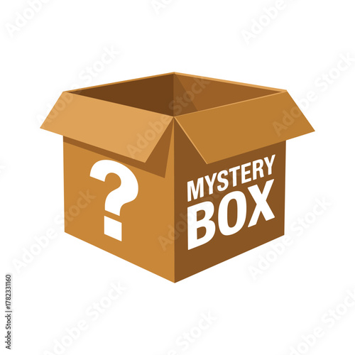 Open brown cardboard box with white question mark and text mystery box vector.