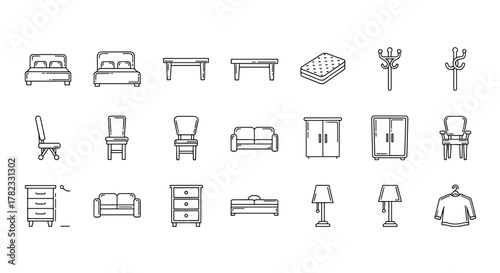 Collection of simple linear illustrations of furniture icons, including beds, tables, mattresses, coat hooks, chairs, sofas, wardrobes, nightstands, and lamps, perfect for graphic design, cards