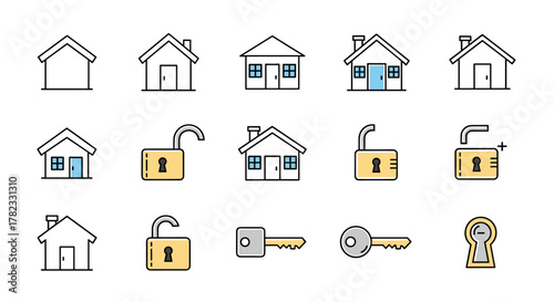 Set of cartoon house and lock icons, representing security, real estate, and access. Includes various house designs, open and closed padlocks, keys, and a keyhole, all on a clean white background