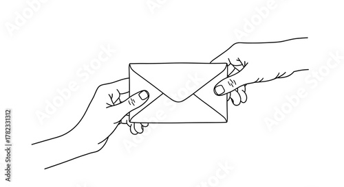 A minimalist line art illustration depicts two hands exchanging a sealed envelope, symbolizing communication, correspondence, and the transfer of information. This clean, vector graphic is ideal for