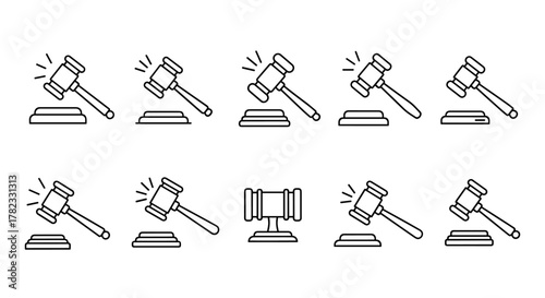 Collection of judicial gavel line icons, featuring editable strokes and a cartoon illustration style, perfect for infographics, articles, books, flyers, and banners, representing law and justice.