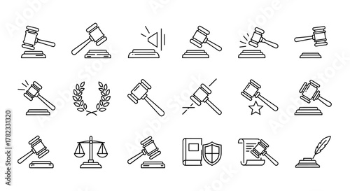 Collection of judicial gavel outline icons, editable stroke, perfect for infographics, articles, books, flyers, banners, vector cartoon illustration with scales of justice, law book, shield, scroll