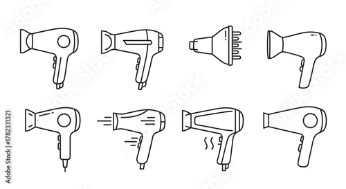 Collection of minimalistic line art icons representing various hair dryers, including models with diffusers and concentrators, perfect for web, graphic design, apps, banners, social networks, and