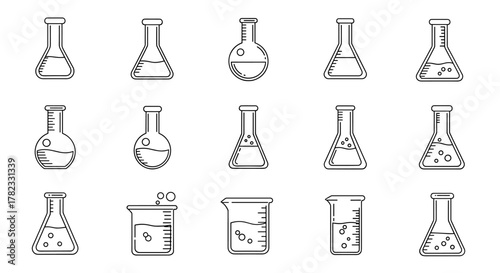 Collection of outline laboratory flasks and beakers with liquid, bubbles, and measurement markings, presented as a clean, linear vector illustration on a white background, perfect for science
