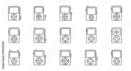 Collection of fifteen distinct line art icons representing MP3 players and portable music devices, each featuring a screen and various control button layouts, presented on a clean white background