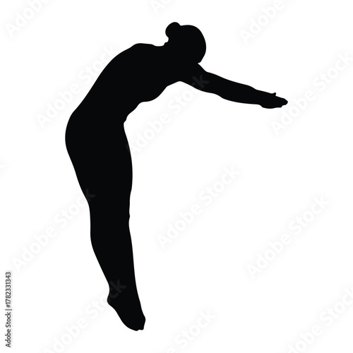 Silhouette of a female diver poised to jump on white background Keywords: silhouette, woman