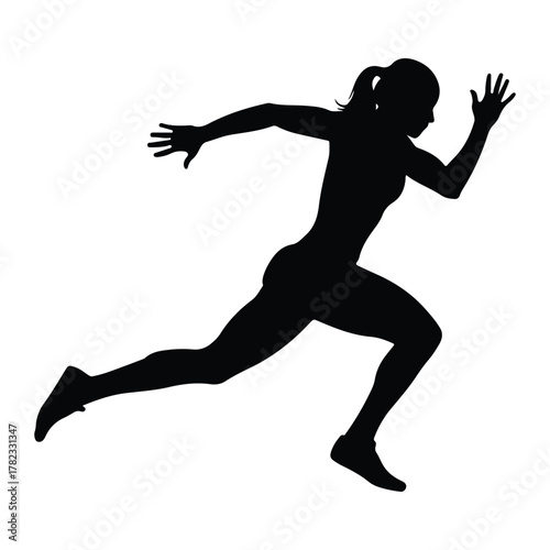 Silhouette of a female runner in full stride on white background