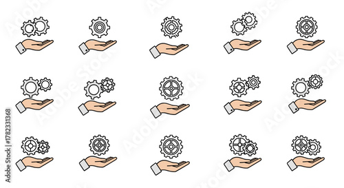 Set of 15 flat icons representing gears and cogs held above open hands, symbolizing mechanism, setting, and teamwork. This editable stroke vector cartoon illustration is perfect for graphic design