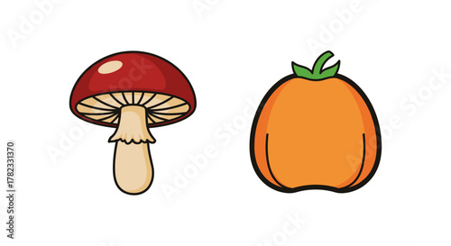 A vibrant cartoon illustration featuring a classic red mushroom with a beige stem and gills, positioned next to a plump orange pumpkin with a green stem, set against a clean white background, perfect