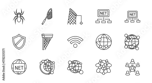 Thin Line Icon Set Representing Network and Internet Concepts, Including Spider, Nets, Shield, Wi-Fi Symbol, and Global Network Connections. These Outline Signs are Ideal for Graphic Design, Web