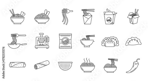 A collection of minimalistic thin line icons representing various noodle dishes and related food items, perfect for web design, graphic design, apps, banners, social networks, and cards. This vector