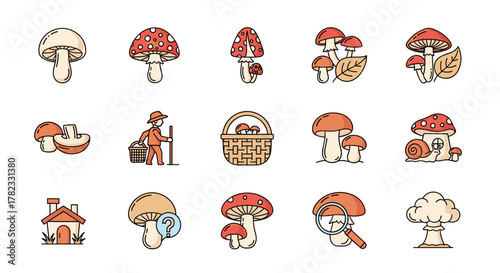 Collection of stylized mushroom icons, featuring various types like edible and poisonous varieties, a mushroom hunter with a basket, a mushroom house with a snail, and magnifying glass for