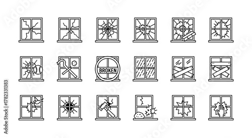 A comprehensive collection of line icons depicting various types of broken windows, including shattered panes, cracked glass, windows damaged by baseballs, crowbars, hammers, rocks, and boarded-up