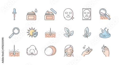 A collection of minimalistic line icons representing skincare essentials, including a dropper, cream jars, sheet masks, magnifying glass, SPF sun protection, skin layers, plant leaves, water splash