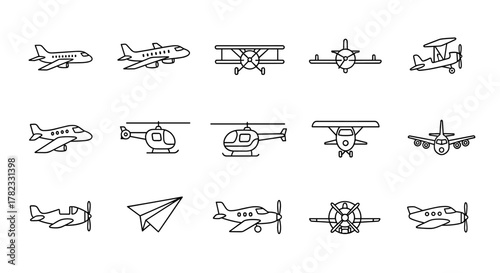 Collection of minimalistic outline icons representing various types of aircraft, including passenger jets, biplanes, helicopters, and paper airplanes, perfect for web, graphic design, apps, banners