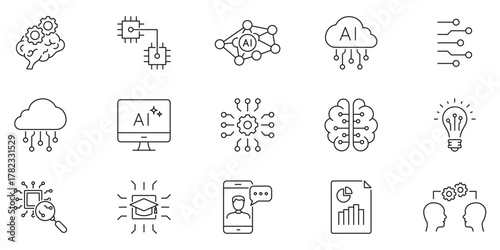 Artificial Intelligence and Digital Innovation Line Icon Set. Machine Learning, Cloud Computing and Data Analytics Outline Symbol Collection. Editable Stroke. Isolated Vector Illustration