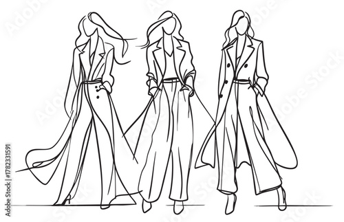 line sketch fashion models in jacket long pants on white background