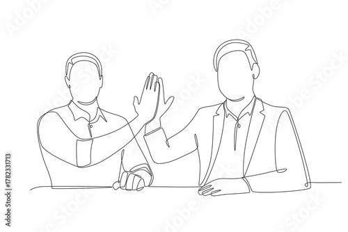 Businessman high five concept one-line drawing