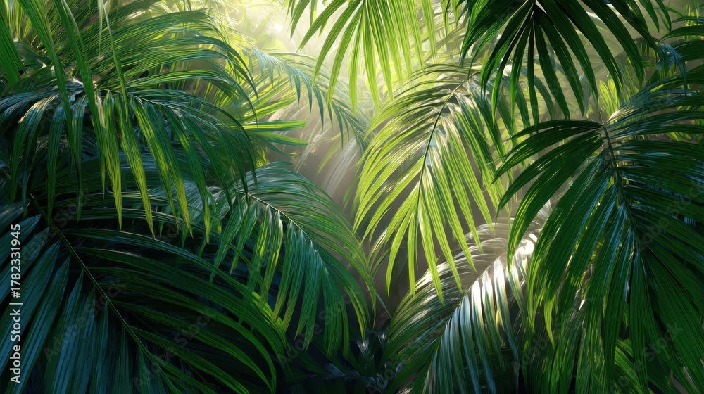 Fototapeta premium Lush Tropical Greenery with Sunlight Filtering Through Leafy Canopy in a Serene Jungle Atmosphere