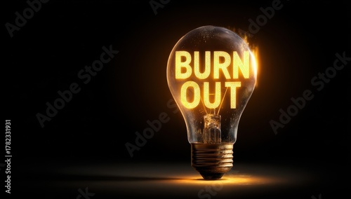 Vibrant photo of burnout concept shown as glowing text inside of a light bulb on black
