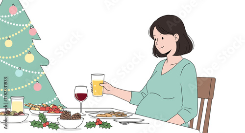 Pregnant woman choosing juice instead of champagne at a holiday table, ideal for alcohol awareness and maternity health education