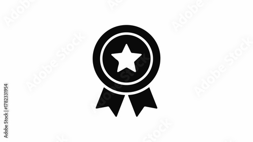 Black rosette medal icon with star on white background