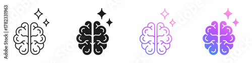 Brain With Sparkles Line and Solid Icon Set. AI Intelligence Thinking And Knowledge Symbol Collection. Isolated Vector Illustration