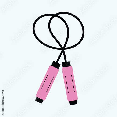 Pink handled jump rope with black cord isolated on light blue background skipping rope exercise vector illustration.