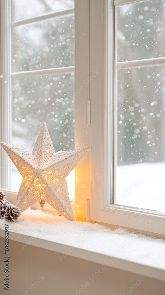 Fototapeta premium Cozy ambiance with glowing lanterns and falling snow creating a festive holiday atmosphere