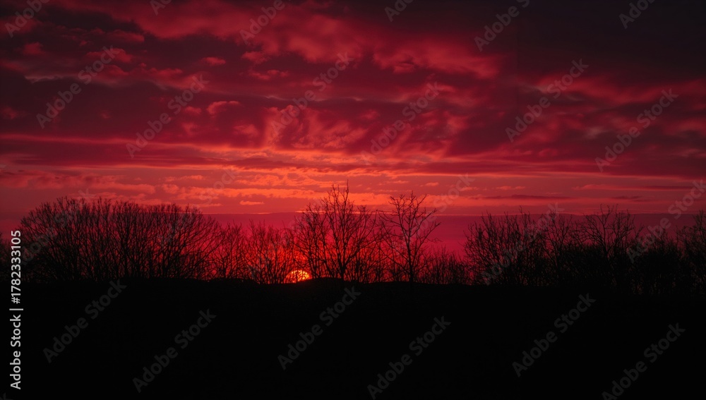Fototapeta premium A fiery crimson dusk bathes the overcast heavens in warmth, setting a bright scene behind the dark outlines of leafless woodland. Vibrant hues and dramatic contrast mark the gentle shift of an autumn
