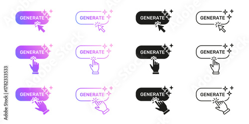 Gradient Generate Button Icons with Cursor and Hand Variations Icon Set. Artificial Intelligence Interactive Action Tools Symbol Collection. Isolated Vector Illustration