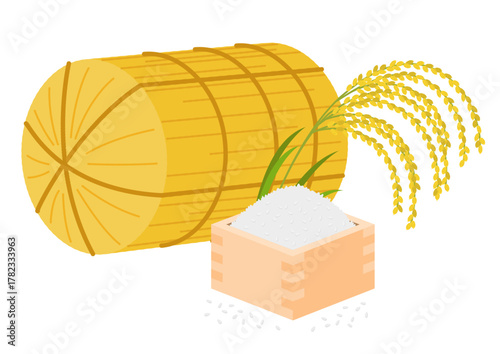 米俵と稲穂と升に入った米のイメージイラスト
