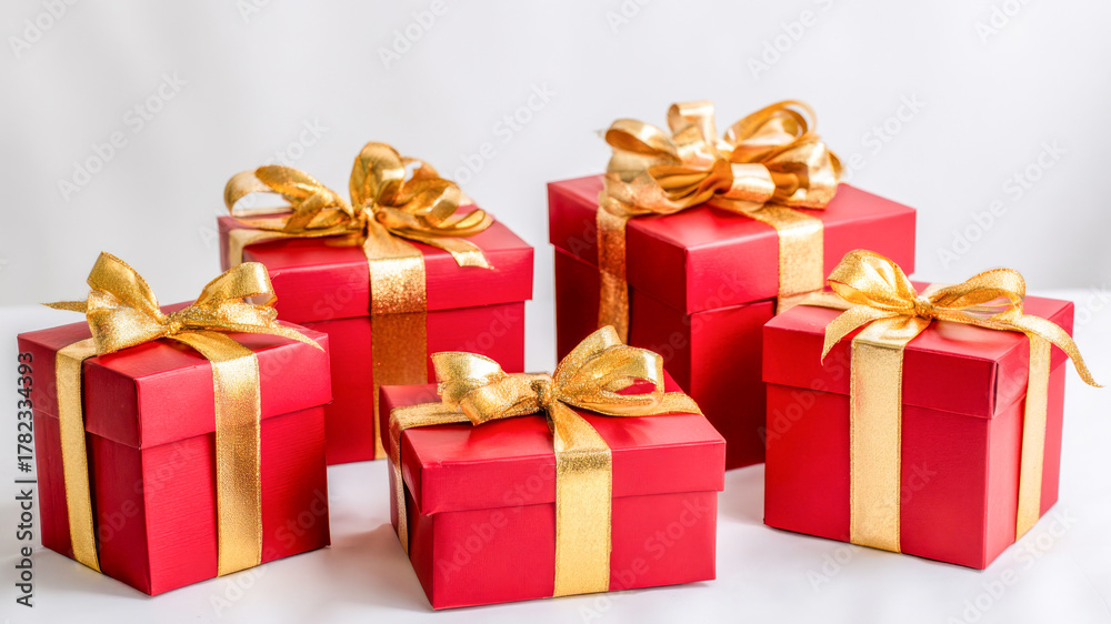 Fototapeta premium Delightful red gift boxes adorned with gold ribbons create a festive atmosphere for celebrations, beautifully arranged and ready for joyful moments