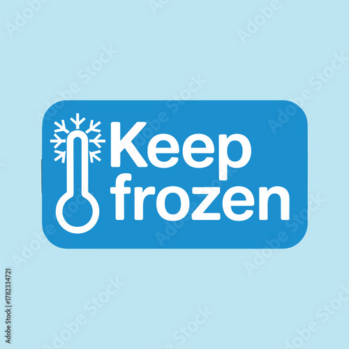 White thermometer icon with snowflake and text Keep frozen on blue rounded rectangle against light blue background.