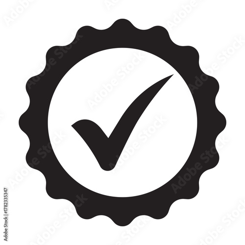 A black and white icon featuring a check mark (or tick) inside a circular, scalloped badge. Represents quality, approval, guarantee, verification, certification, and success.