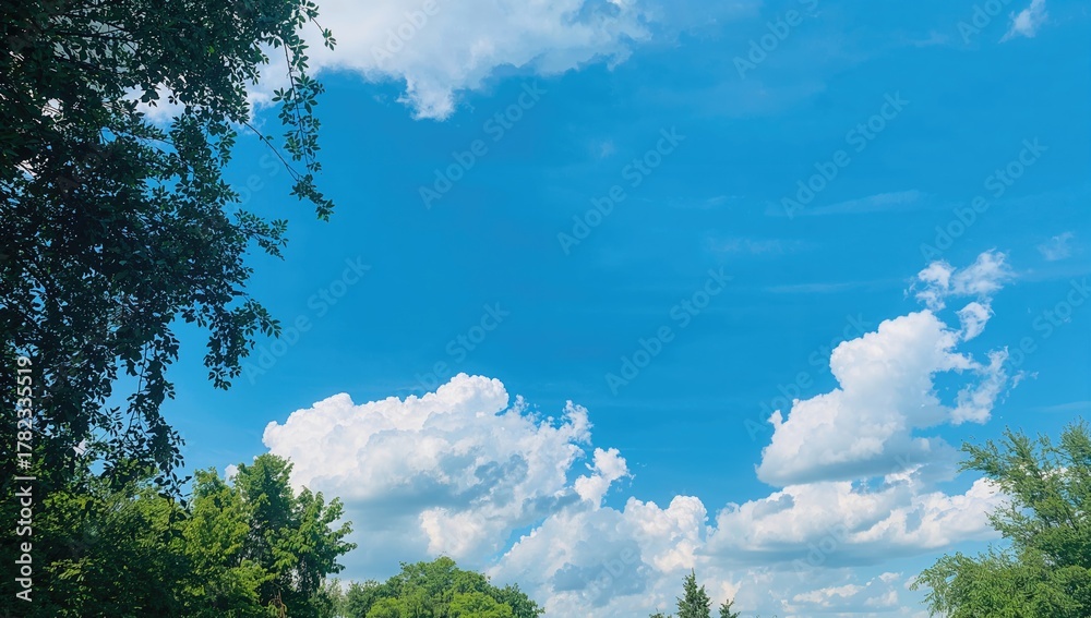 Fototapeta premium A clear blue sky adorned with fluffy white clouds, ideal for a day of relaxation in nature