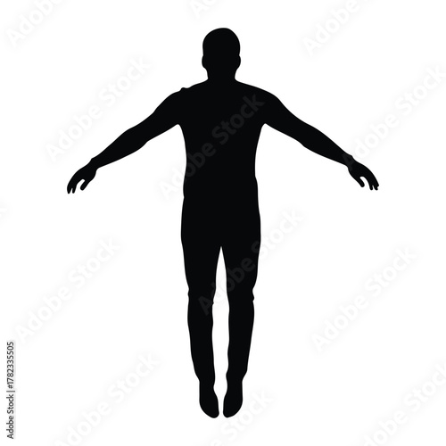 Silhouette of a man floating with arms extended on white background
