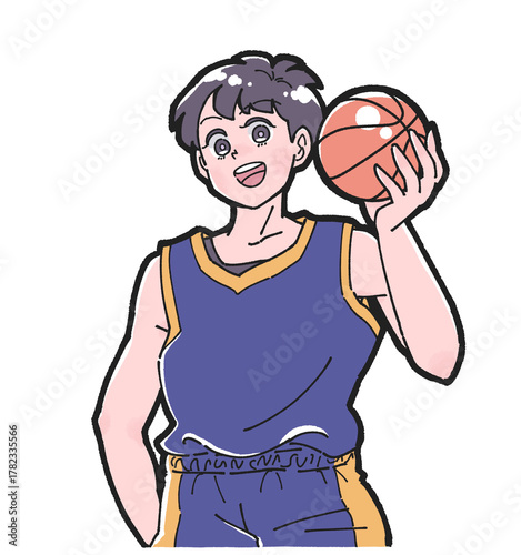 バスケットボールを持つ笑顔の男子選手のイラスト