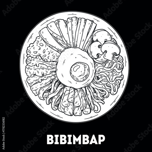 Bibimbap sketch. Korean food. Hand drawn vector illustration. Top view.
