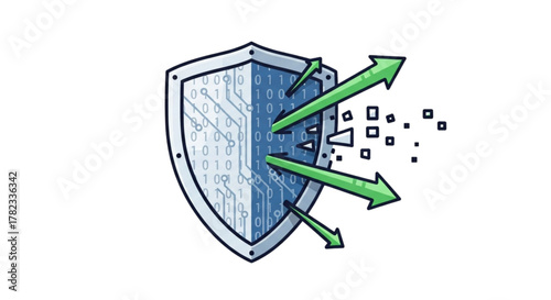 Advanced Cybersecurity Breach Defense: Shield Icon Penetrated by Green Arrows Over Binary Code Circuitry for Digital Threat Protection and Data Security Solutions
