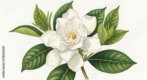 Elegant White Gardenia Blossom with Lush Green Leaves.