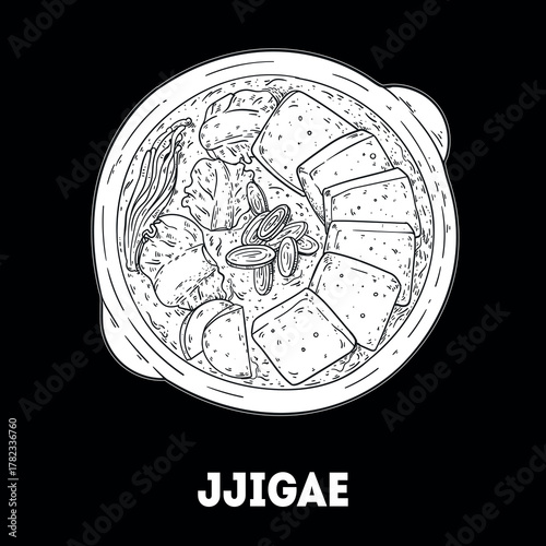 Seafood soup Sundubu jjigae sketch. Korean food. Hand drawn vector illustration. Top view.