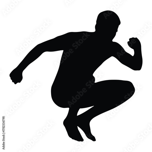 Silhouette of a man in a dynamic crouching pose on white background