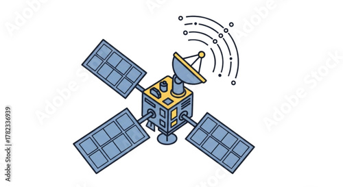 
Advanced Satellite Communication Technology: Solar-Powered Spacecraft with Dual Antennas Transmitting Data Signals to Orbiting Network Nodes for Global Connectivity