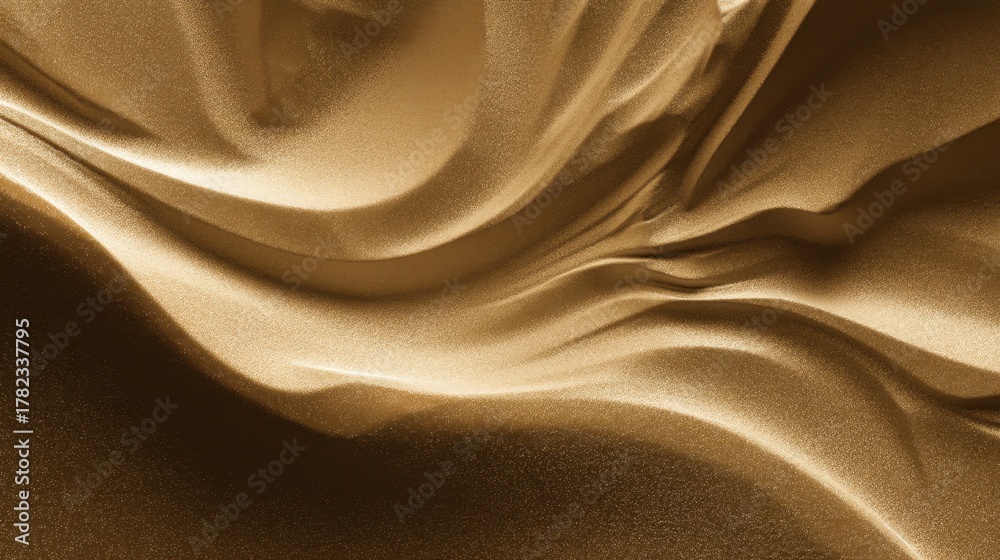 Fototapeta premium Elegant golden silk fabric draped softly, showcasing intricate folds and textures in a smooth and luxurious aesthetic ideal for design projects