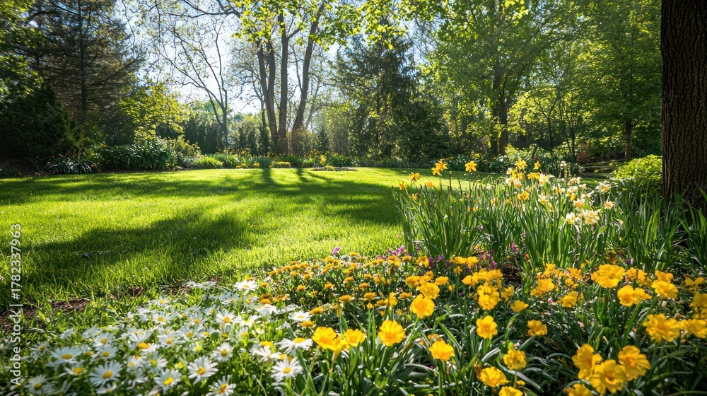 Obraz premium A bright and sunny garden scene with a mix of yellow flowers, including daisies, daffodils, and marigolds, basking in the sunlight.