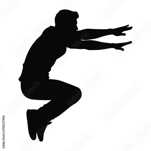 Silhouette of a Man Jumping with Arms Extended on White Background