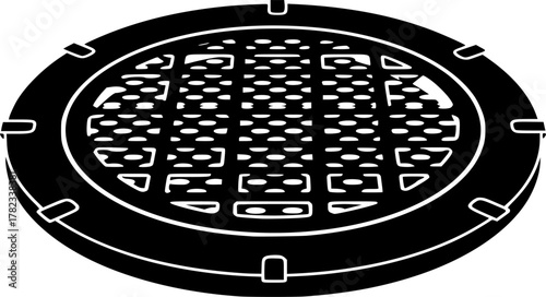 Sewer drain icons set in black and blue colors on white background